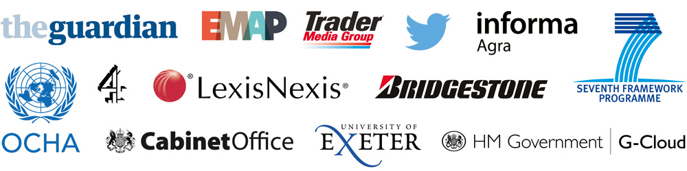 ScraperWiki customer logos: Informa Agra, LexisNexis, Bridgestone, FP7, EMAP, The Guardian, Cabinet Office…